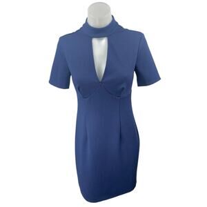 Trina Turk Camari Blue Short Sleeve Choker V-Neck Cutout Mini Sheath Dress Sz S